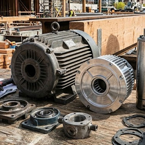 Cast and machined motor housings, bearing housings and flanged fittings